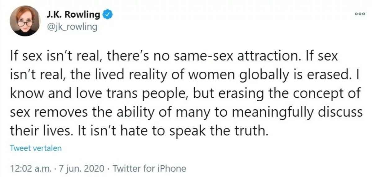 TERF TWEET J.K. Rowling's tweet from 2020 is viewed by many as anti-trans (Screenshot from J.K Rowling Twitter)