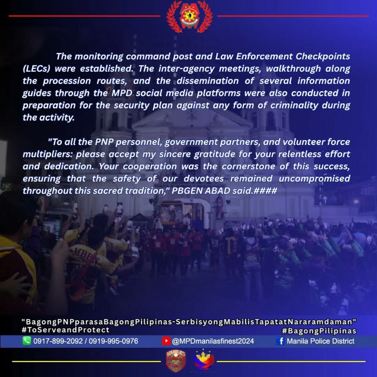 The Manila Police District (MPD) declares the Good Friday Nazareno procession peaceful. (Photo from MPD PIO)