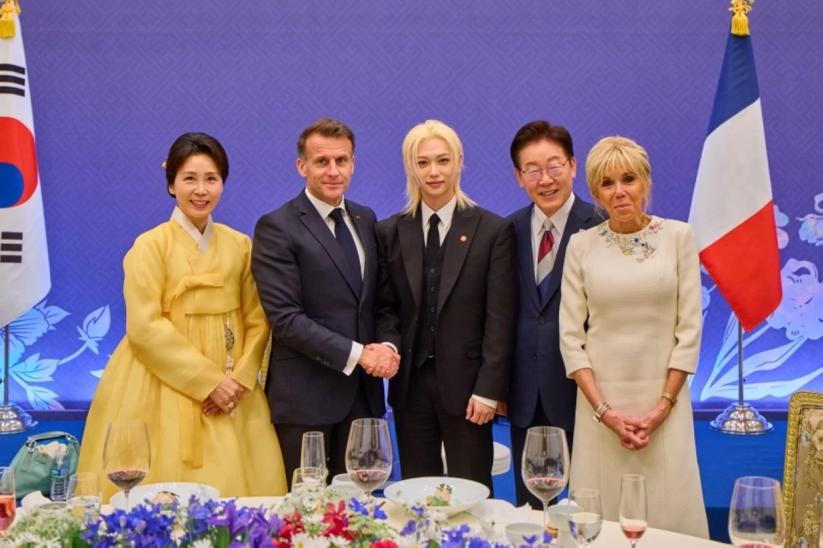 French President Emmanuel Macron, South Korean President Lee Jae-myung, First Lady Kim Hea-kyung and French First Lady Brigitte Macron with Stray Kids’ Felix ( and Jun Ji-hyun (Photo from President Lee Jae-myung’s X account)