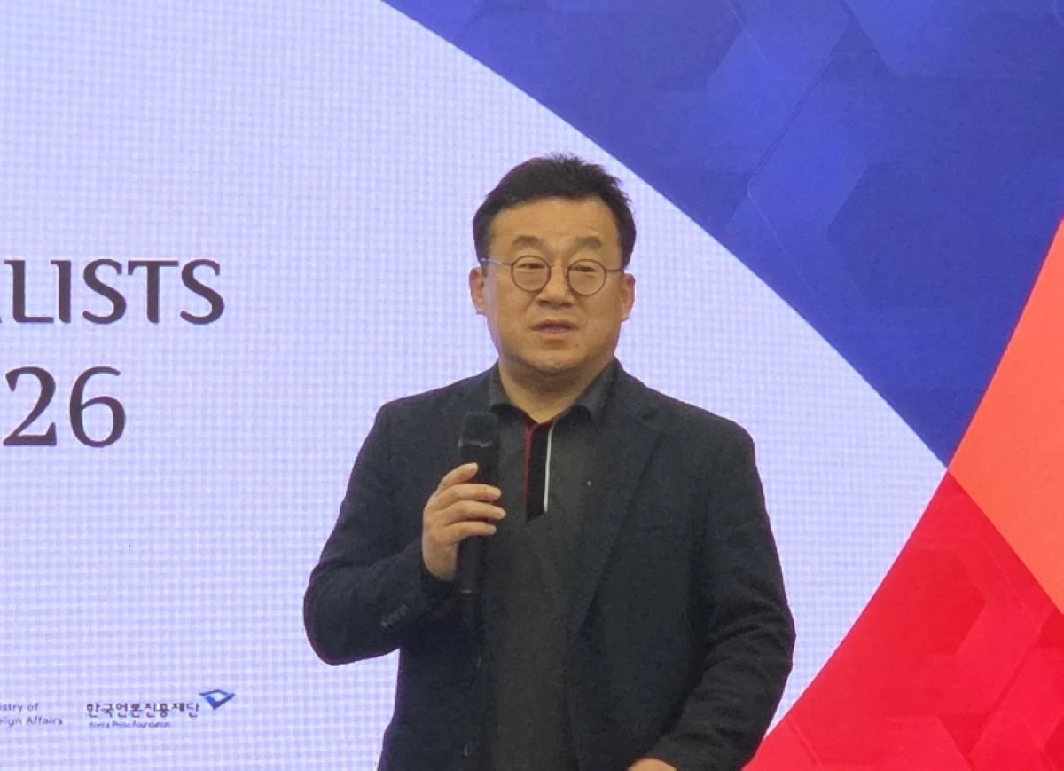 Park Jong-hyun, president of the Journalists Association of Korea, speaking at the closing ceremony of the World Journalists Conference 2026 in Siheung, South Korea on April 2 (Jonathan Hicap) 