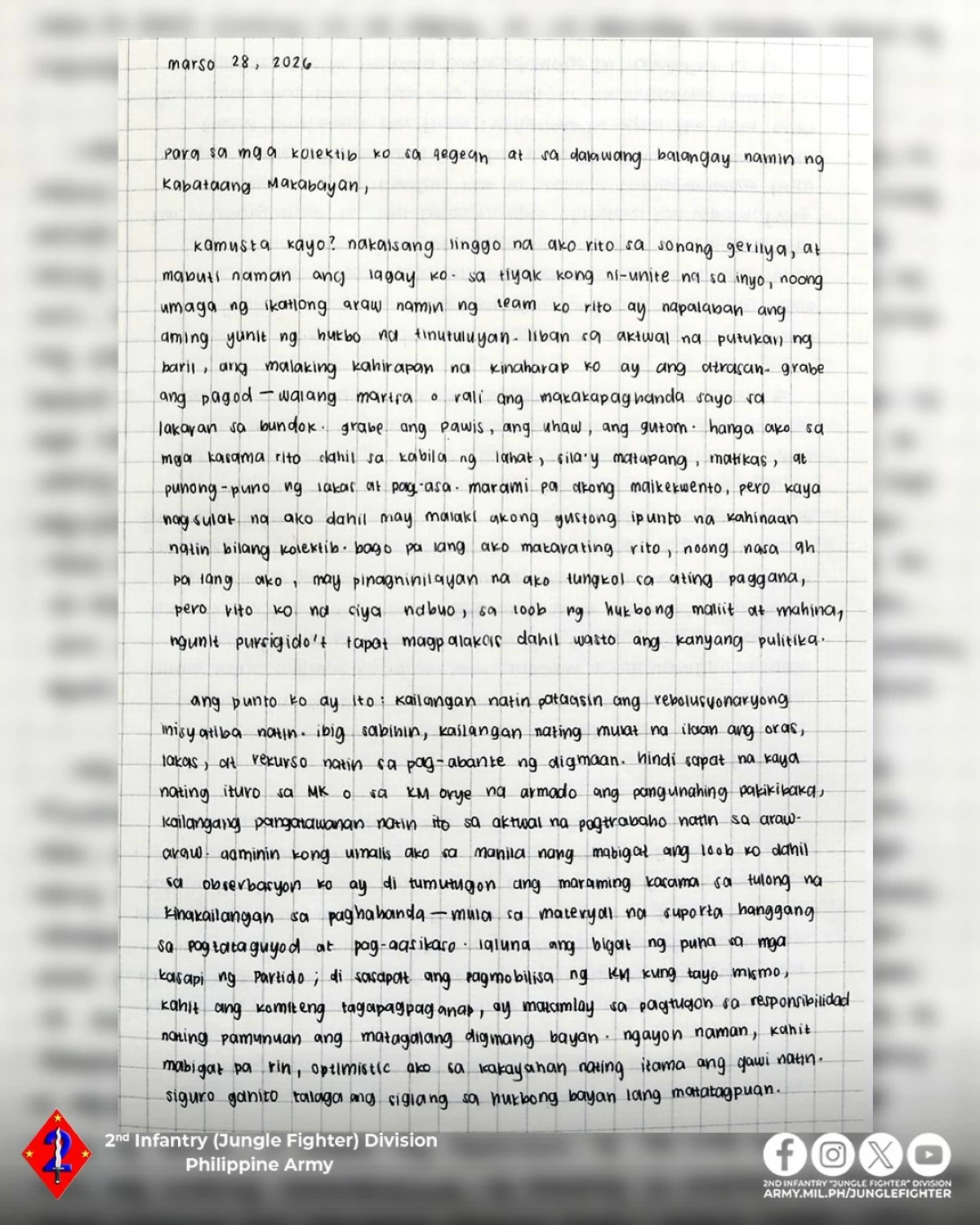 A handwritten journal recovered after a deadly encounter between government troops and suspected New People’s Army (NPA) fighters in San Jose, Occidental Mindoro on March 29, 2026 offered a rare and unfiltered look into the life inside the armed group, according to the Philippine Army's 2nd Infantry Division. (Courtesy of 2ID)