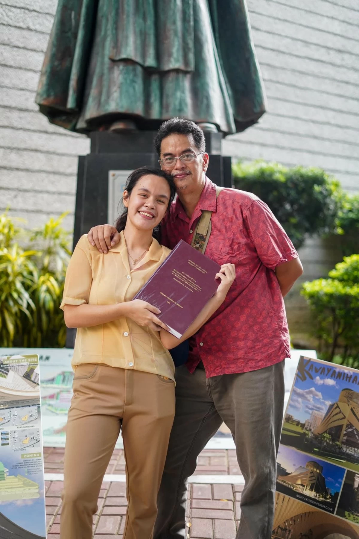Rheanna during her thesis defense at the University of Santo Tomas (left); a milestone shaped by dedication and perseverance, shared with her father as she holds her bound thesis (right).