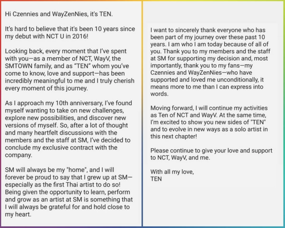 Ten's letter to fans (Instagram) 