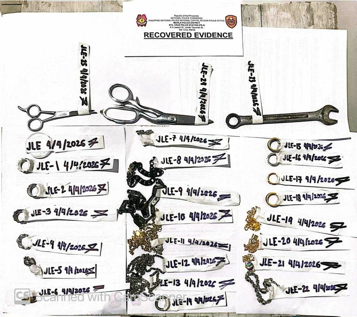 Authorities recovered all stolen items, including Louis Vuitton and Dior necklaces, rings, bracelets, pendants, and a silver coin, with a total estimated value of P2.578 million, after arresting suspect Rodolfo Jr. Dela Cruz. (Photo courtesy of Manila Police District)