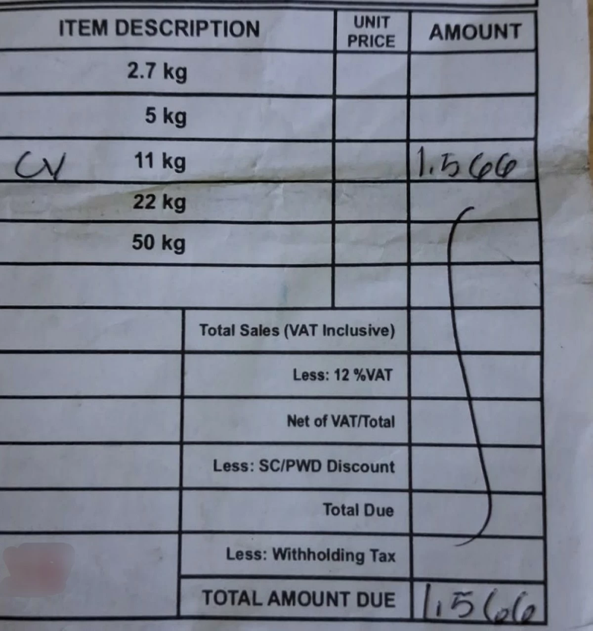 A sales invoice for P1,566 for an 11-kg tank of LPG in Muntinlupa (Contributed photo) 