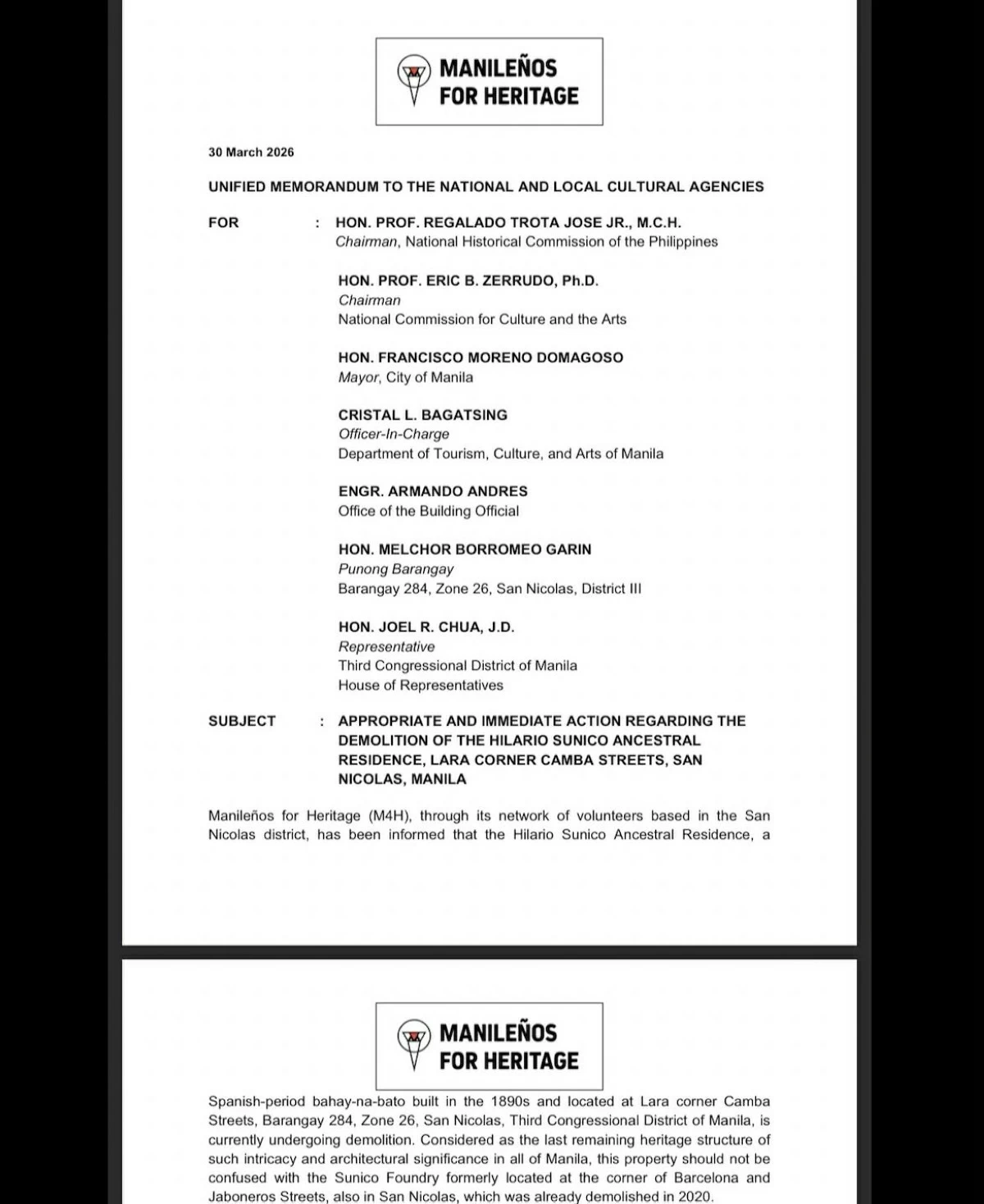 Manileños for Heritage (M4H) submits a formal petition to national and local heritage agencies to urgently protect the Hilario Sunico Ancestral Residence in San Nicolas, Manila, amid ongoing demolition threats. The group continues to coordinate with authorities to safeguard the city’s 19th-century heritage.