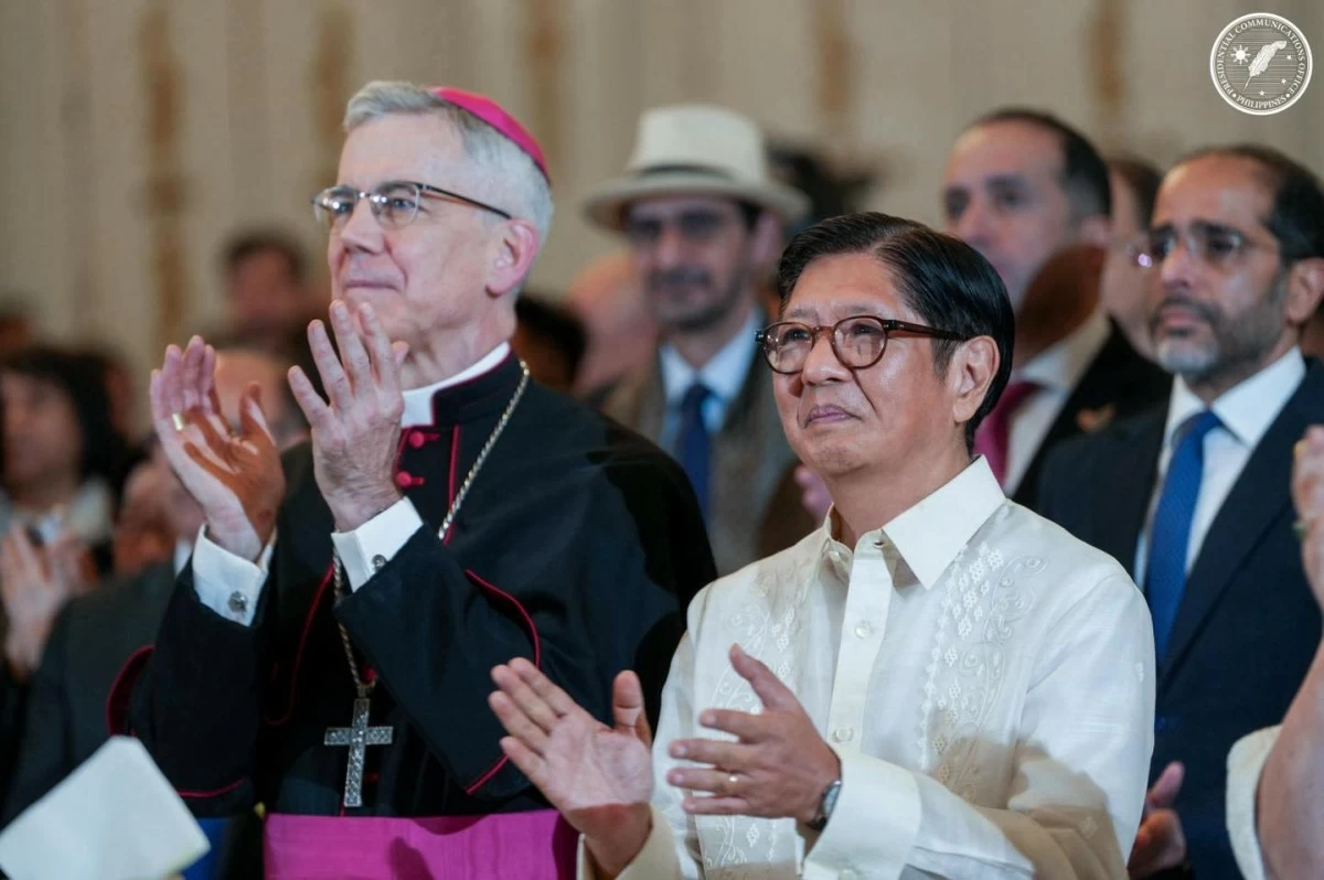 President Ferdinand R. Marcos Jr. joins Archbishop Charles Brown, Apostolic Nuncio to the Philippines, and other leaders of the Catholic Church and members of the diplomatic community at the reception commemorating the 75th anniversary of diplomatic relations between the Philippines and the Holy See on April 8, 2026 at the Ayuntamiento de Manila in Intramuros. (Photo courtesy of PCO)