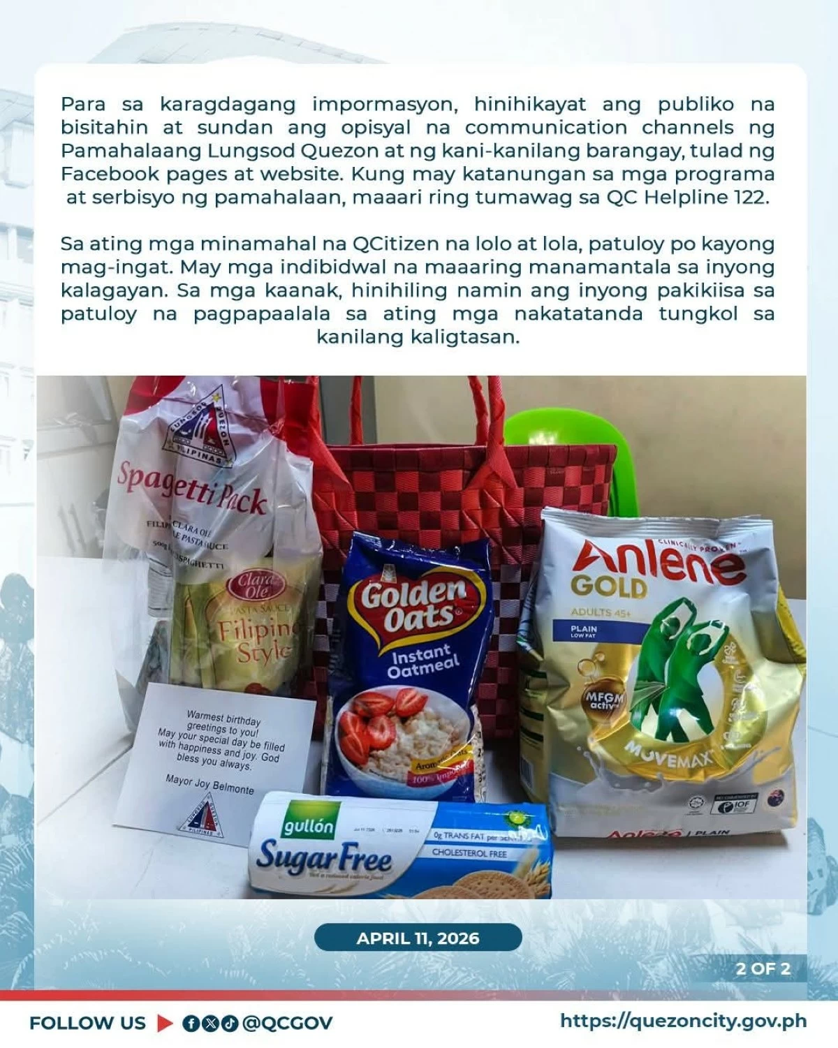 The Quezon City government issues a warning against scams targeting senior citizens while clarifying that birthday assistance is given as grocery packages, not cakes. (Photo courtesy of QC LGU)