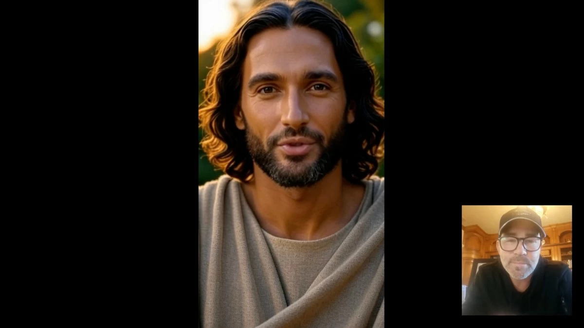 IN this image from video provided by Just Like Me in April 2026, the company's co-founder and investor Jeff Tinsley, bottom right, interacts with an AI-generated Jesus. (Just Like Me via AP)