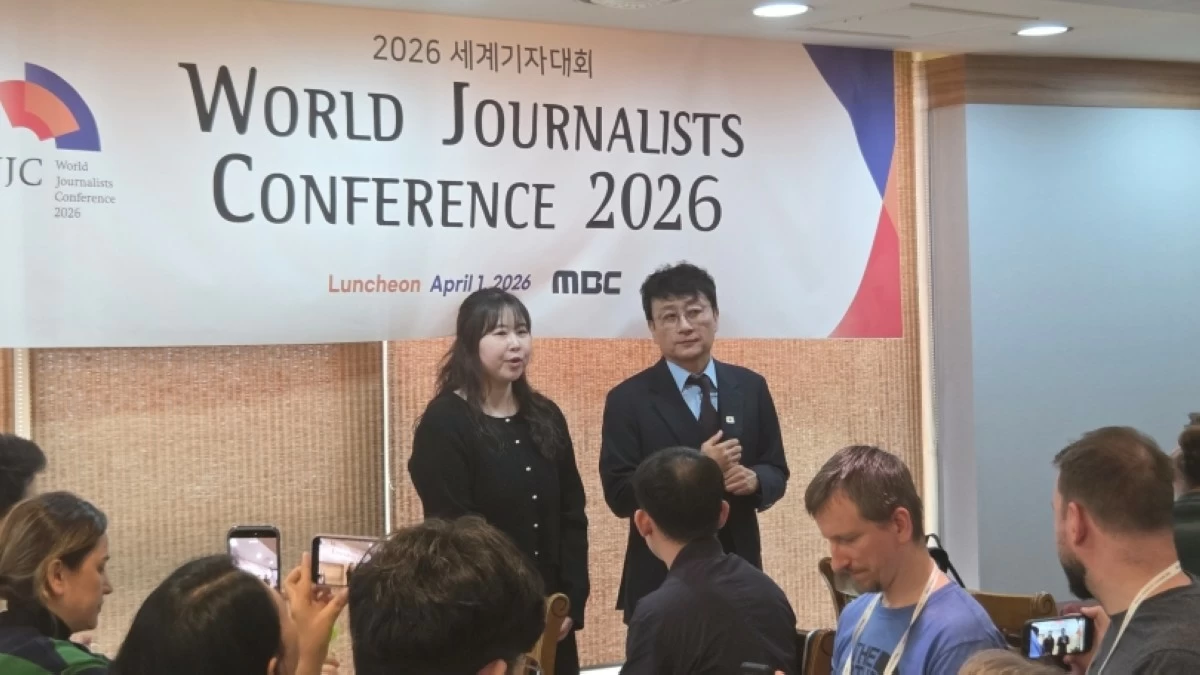 Ahn Hyung-joon, the president and CEO of Korean TV network MBC, speaking before participants of the World Journalists Conference 2026 in Suwon, South Korea (Jonathan Hicap) 

