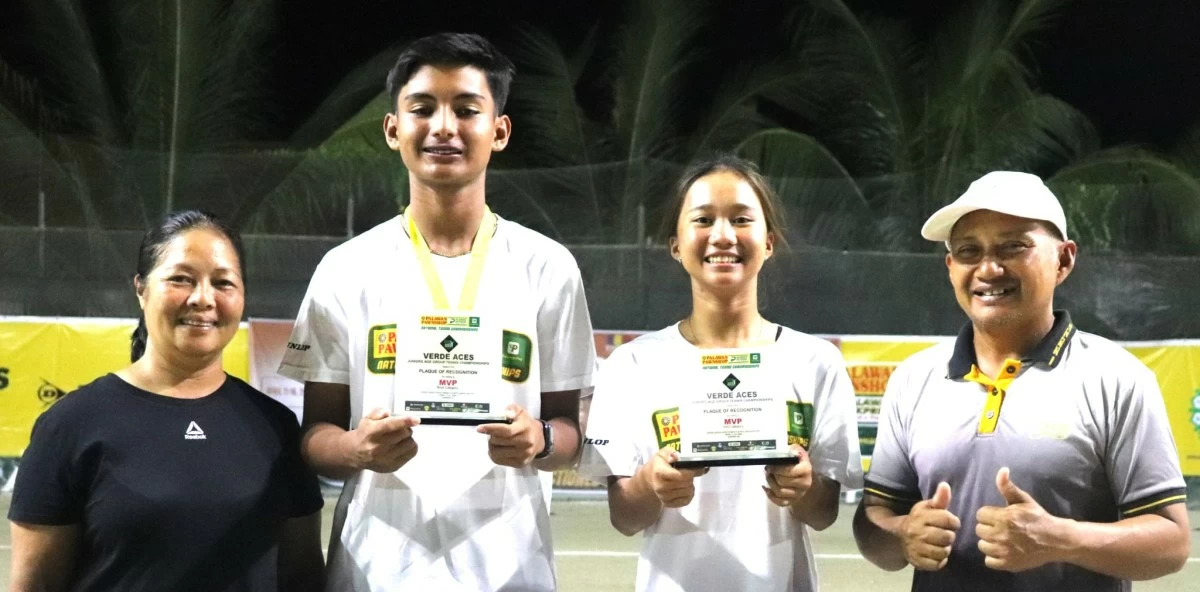 Kathlyn Bugna (second from right) and Matthew Morris (second from left) hold their trophies alongside Verde Aces tennis courts owners Jing Alipo-on and Don Alipo-on.