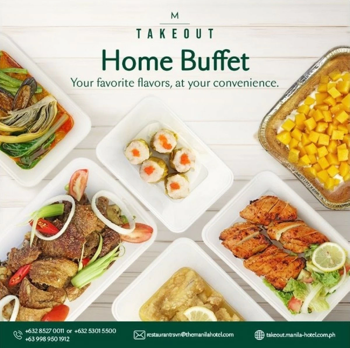 Takeout Home Buffet sets featuring Chinese specialties, Filipino favorites, and Halal options(Photo courtesy of The Manila Hotel)