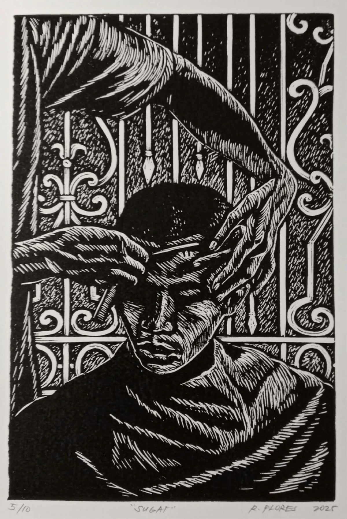 'SUGAT,' rubbercut on paper, Resty Flores, 2026