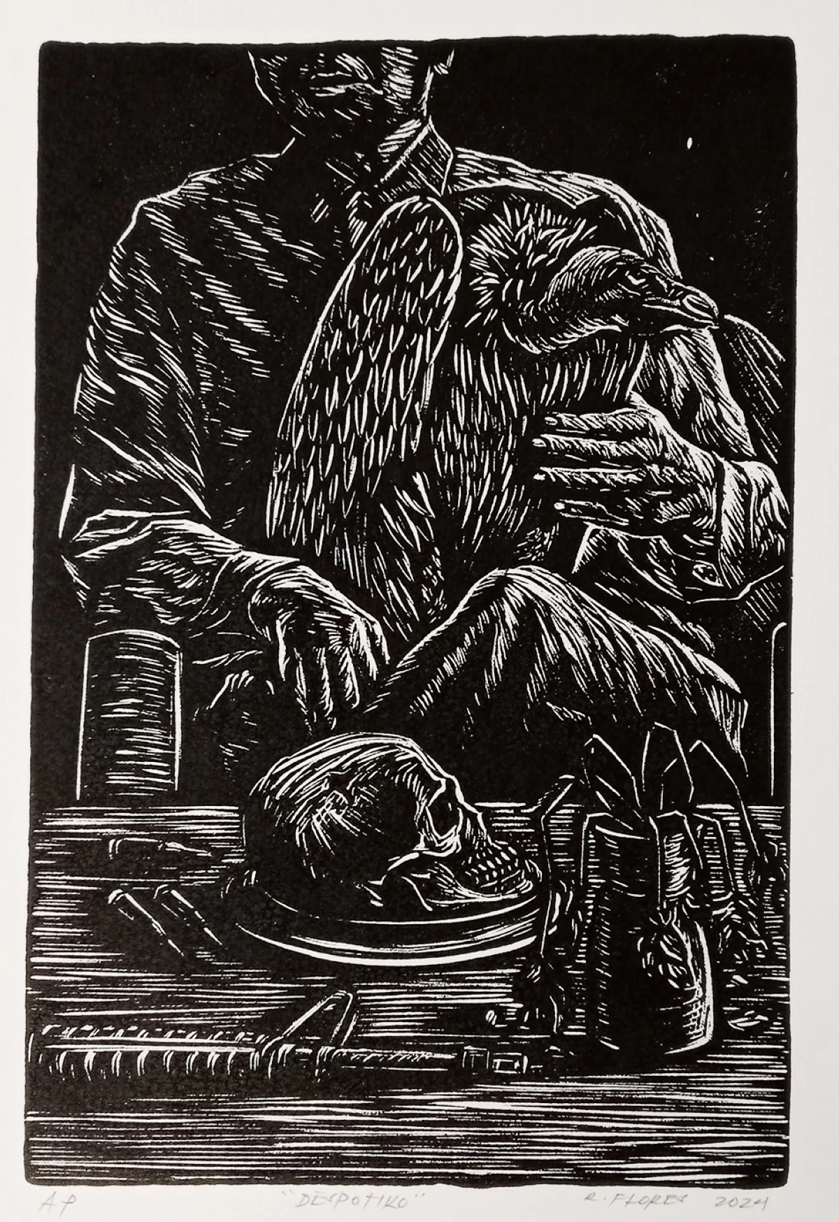 'DESPOTIKA,' rubbercut on paper, Resty Flores, 2026