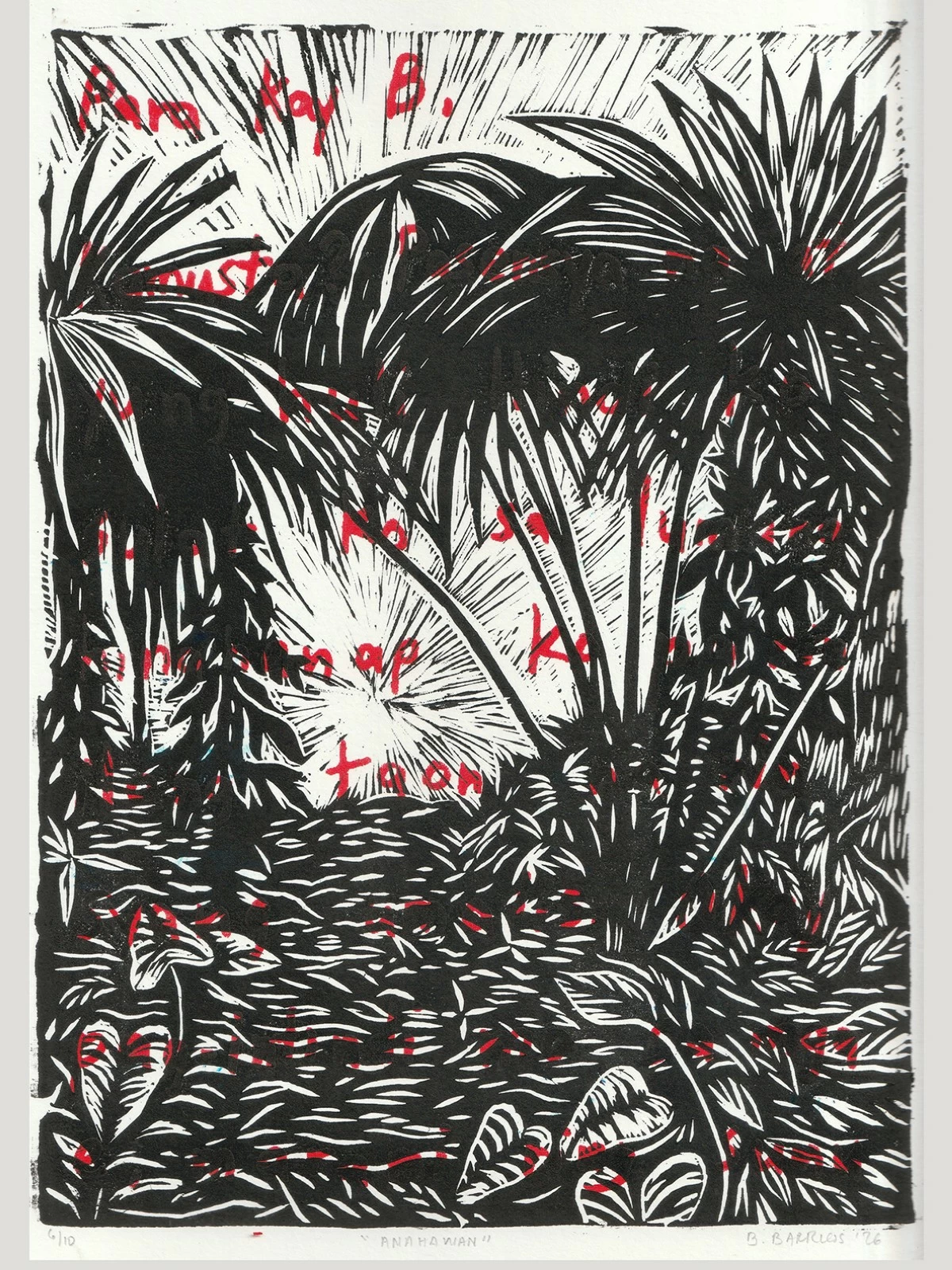 'ANAHAWAN,' rubbercut on paper, Brian Barrios, 2026