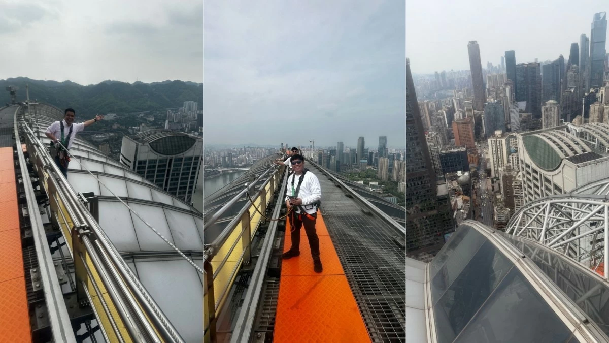 Walking the Raffles City Sky Walk, 250 meters above the ground.