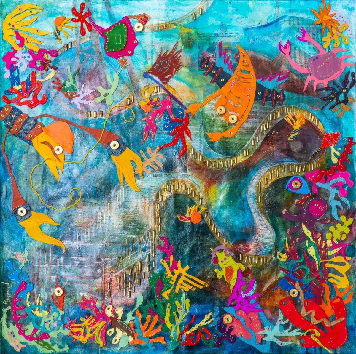 'WATERWORKS' 90 x 90 cm, acrylic on canvas, leather, grommets, brass bullet casings, and 12-gauge brass bullet heads

