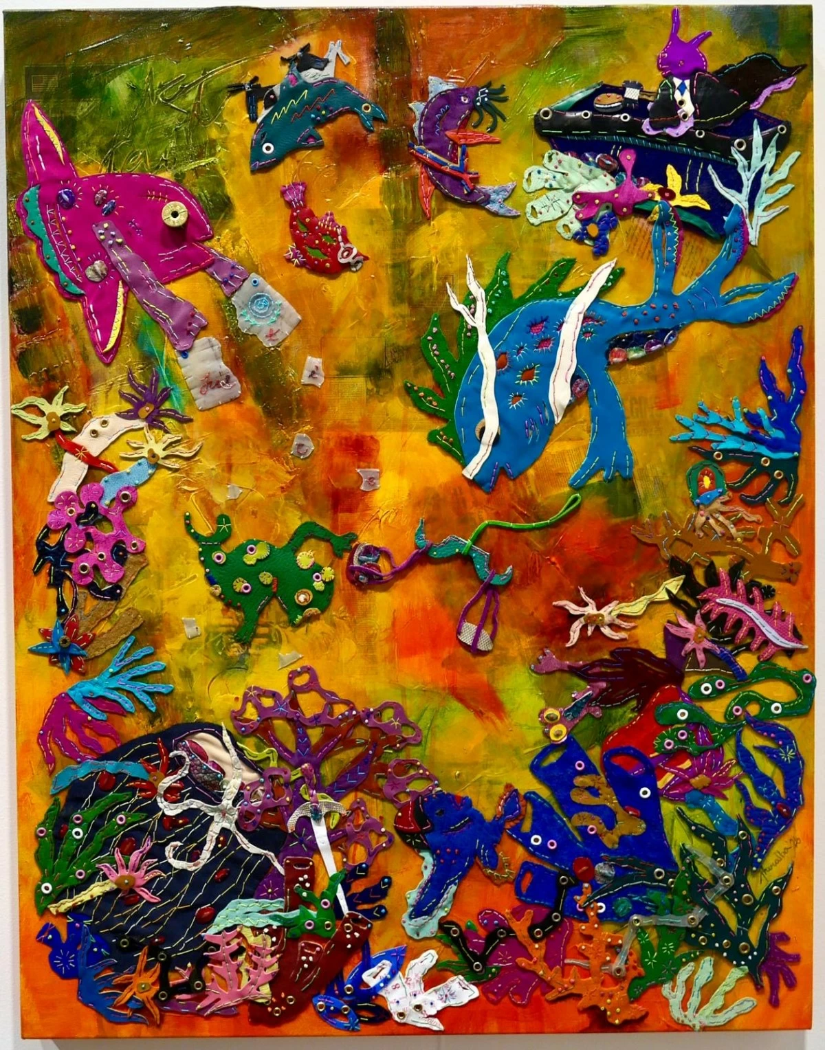 'FINS AND VERDICTS' 90 x 70 cm, acrylic on canvas, leather, grommets, spent 12-gauge brass bullet heads, and bullet shells