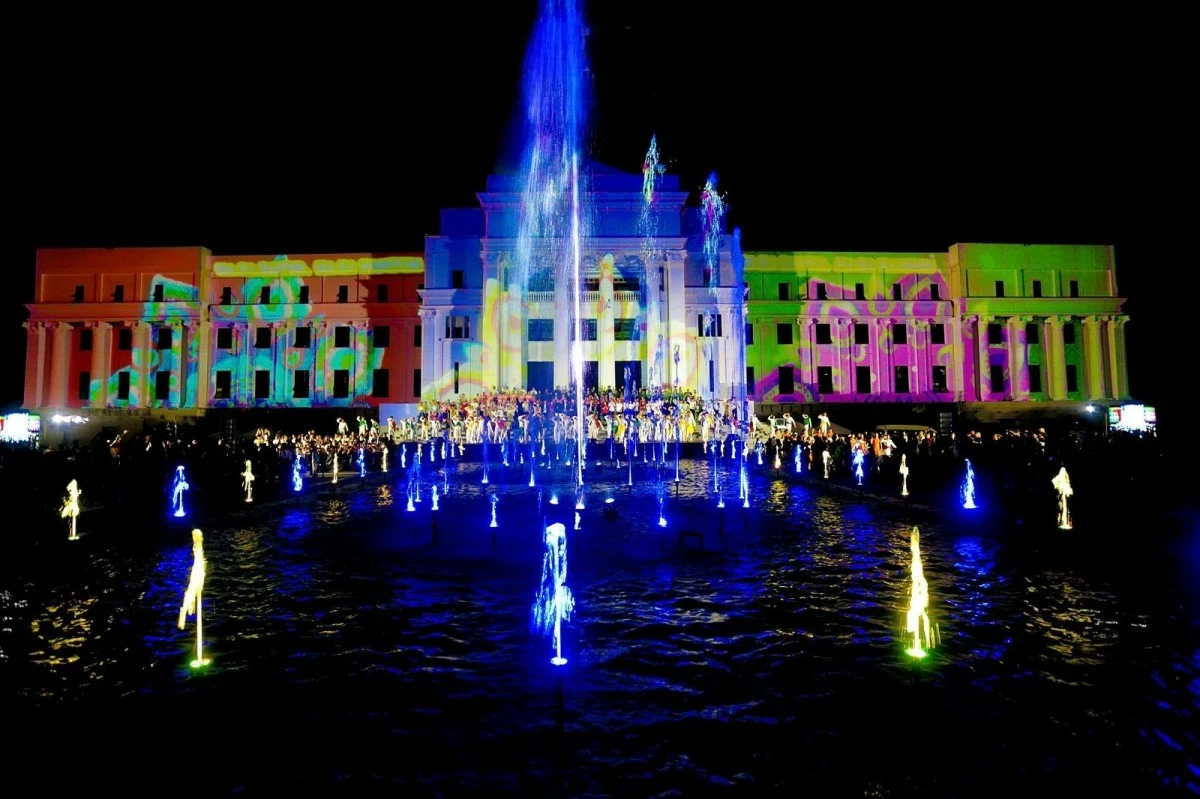 
THE façade of the new Capiz Provincial Capitol in Roxas City lights up during this year’s Capiztahan Festival.  (Capiz PIO)
