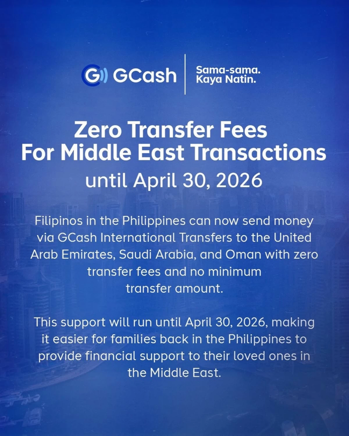 GCash extends waived transaction fees for Middle East transactions until April 30, 2026.