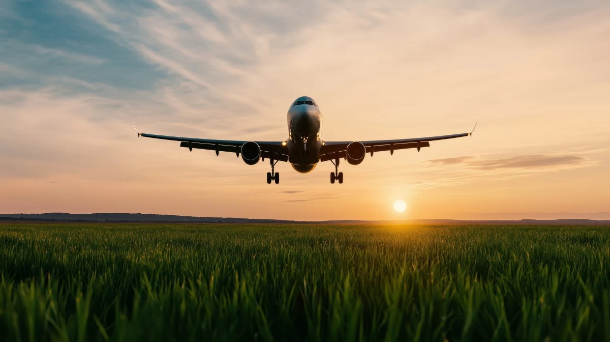 sustainable aviation fuel concept. passenger plane flying over green field