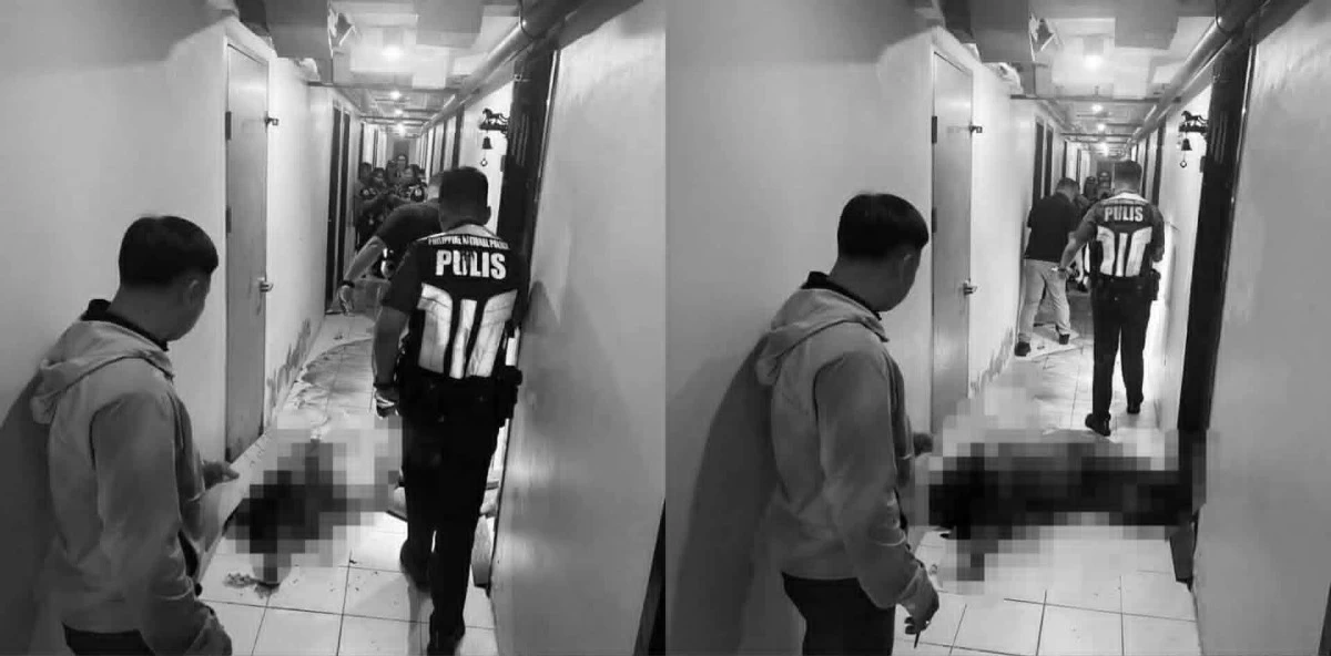 Police respond to a bloodied, naked man found lying along the hallway on the 8th floor of a condominium in Tondo, Manila, following a violent incident that left two men dead.