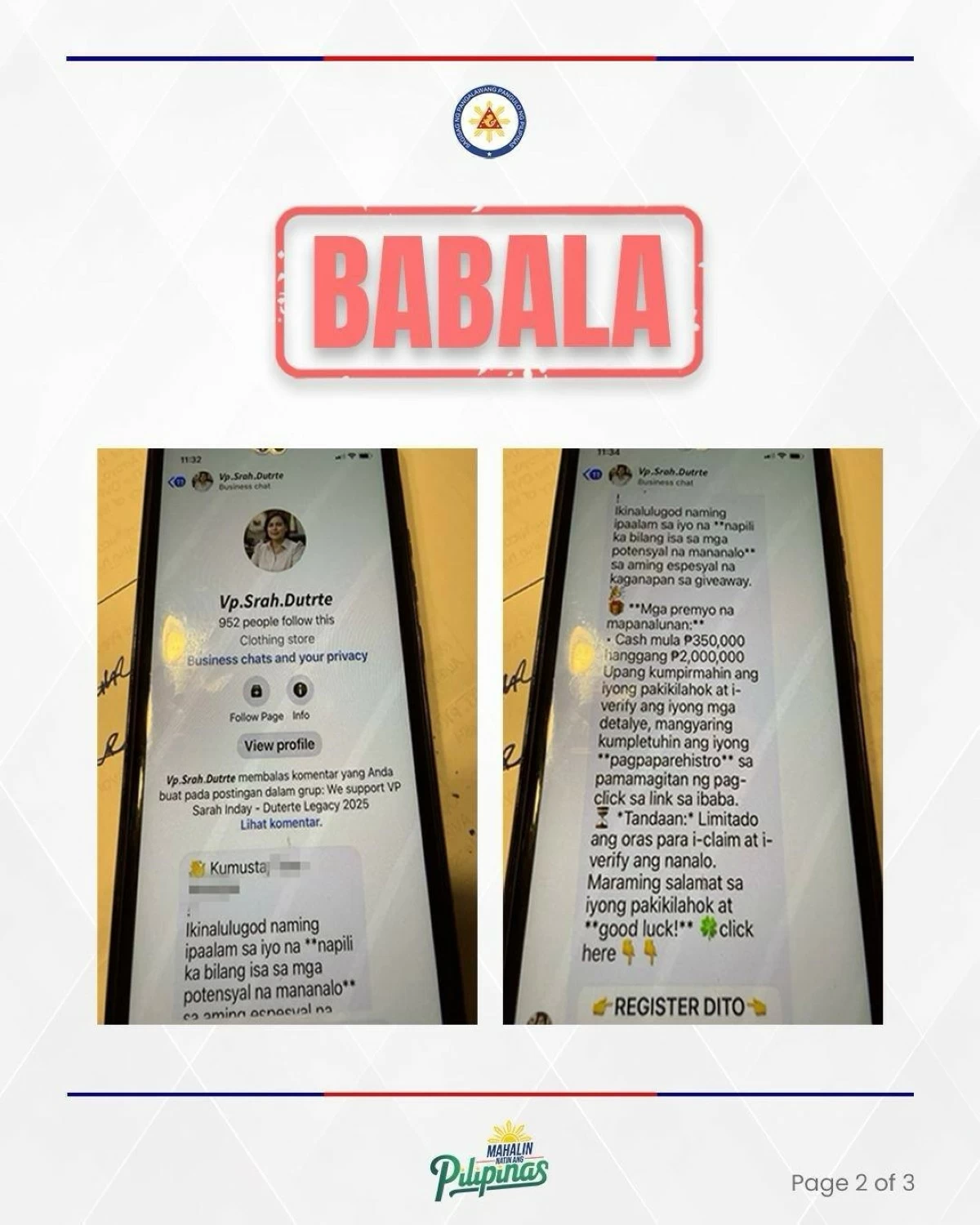 Duterte cautions the public against impersonation scams, stressing that neither she nor her family asks for money as fraudsters exploit social media in the Philippines. (Inday Sara Duterte / Facebook)