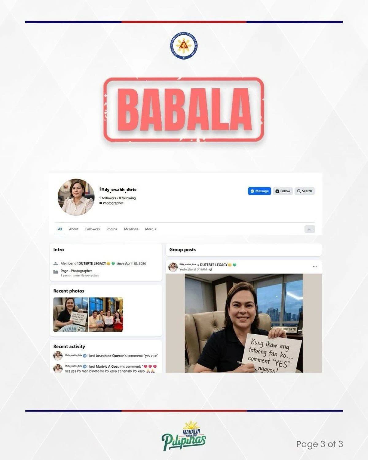 Duterte issues a fresh warning against fake social media accounts using her name and family photos, reminding Filipinos to stay vigilant amid rising online scams. (Inday Sara Duterte / Facebook)