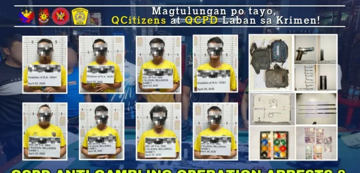 Eight individuals arrested by the Quezon City Police District (QCPD) during a raid on an illegal billiard betting operation inside Commonwealth Market. (Photo: QCPD)