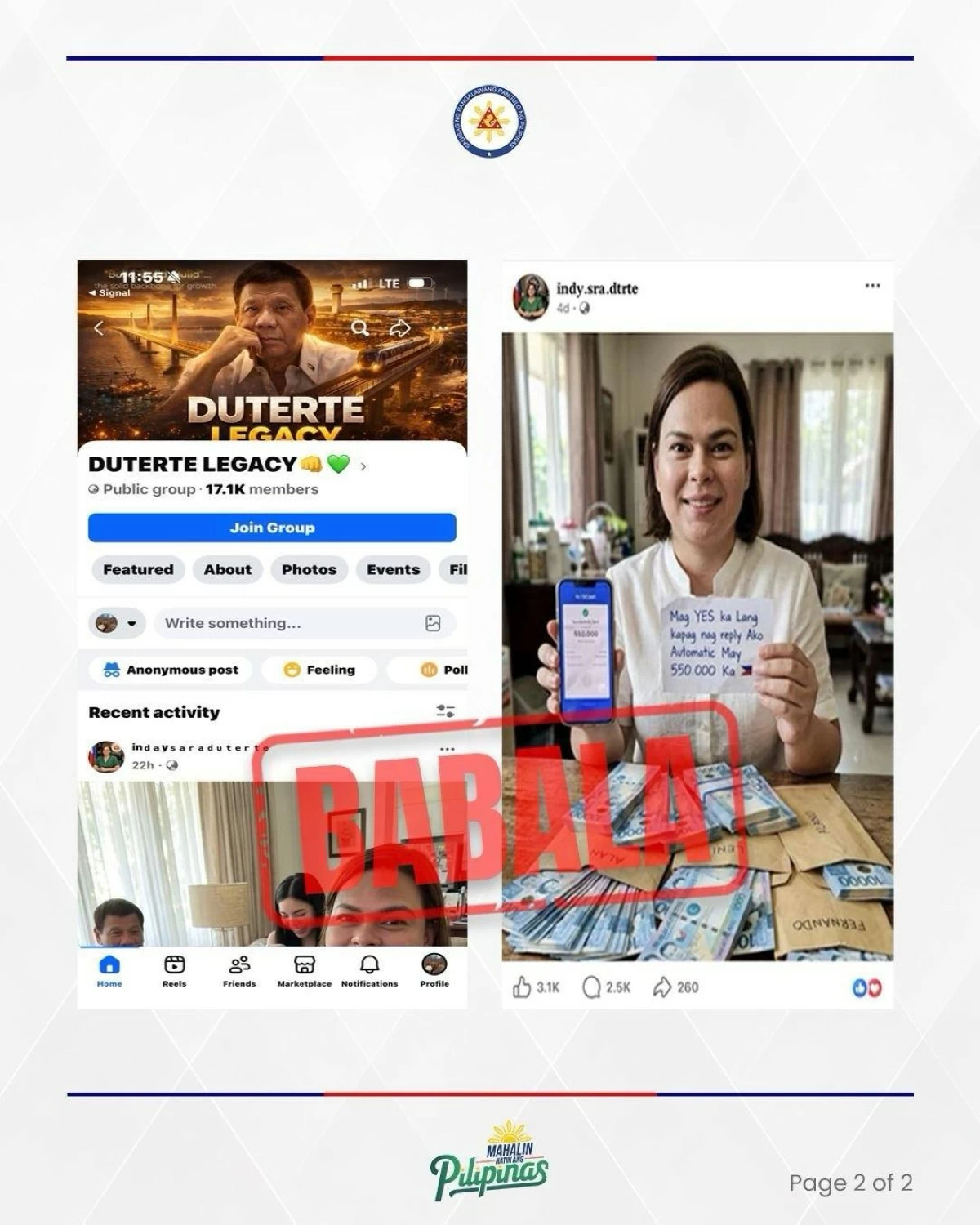 Duterte cautions Filipinos to stay alert against fake giveaway posts, emphasizing that any prize offers using her name are fraudulent and should be reported immediately. (From OVP / Facebook)