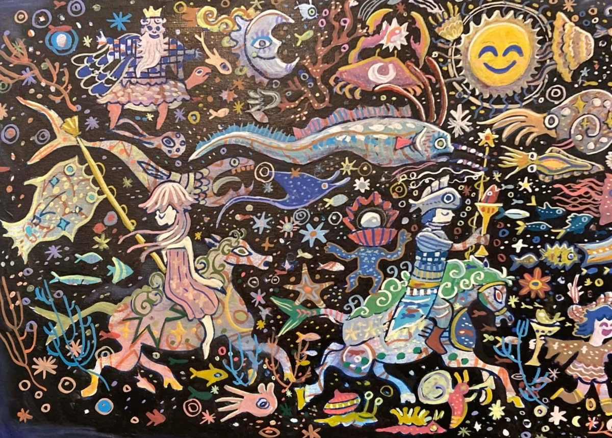 'UNDERWATER PARADE' wax pastel, acrylic ink, and colored pencil on canvas, 30 x 20 inches, Pepe Reyes 2026