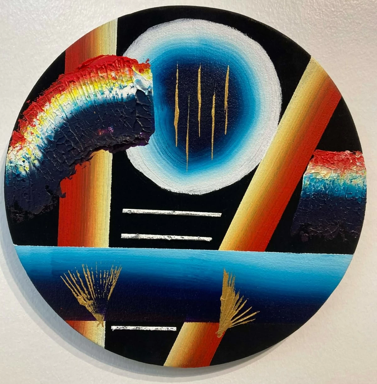 'FALLING IN DISCOVERIES' acrylic on canvas, 12 inches diameter, Micco Cruz, 2026