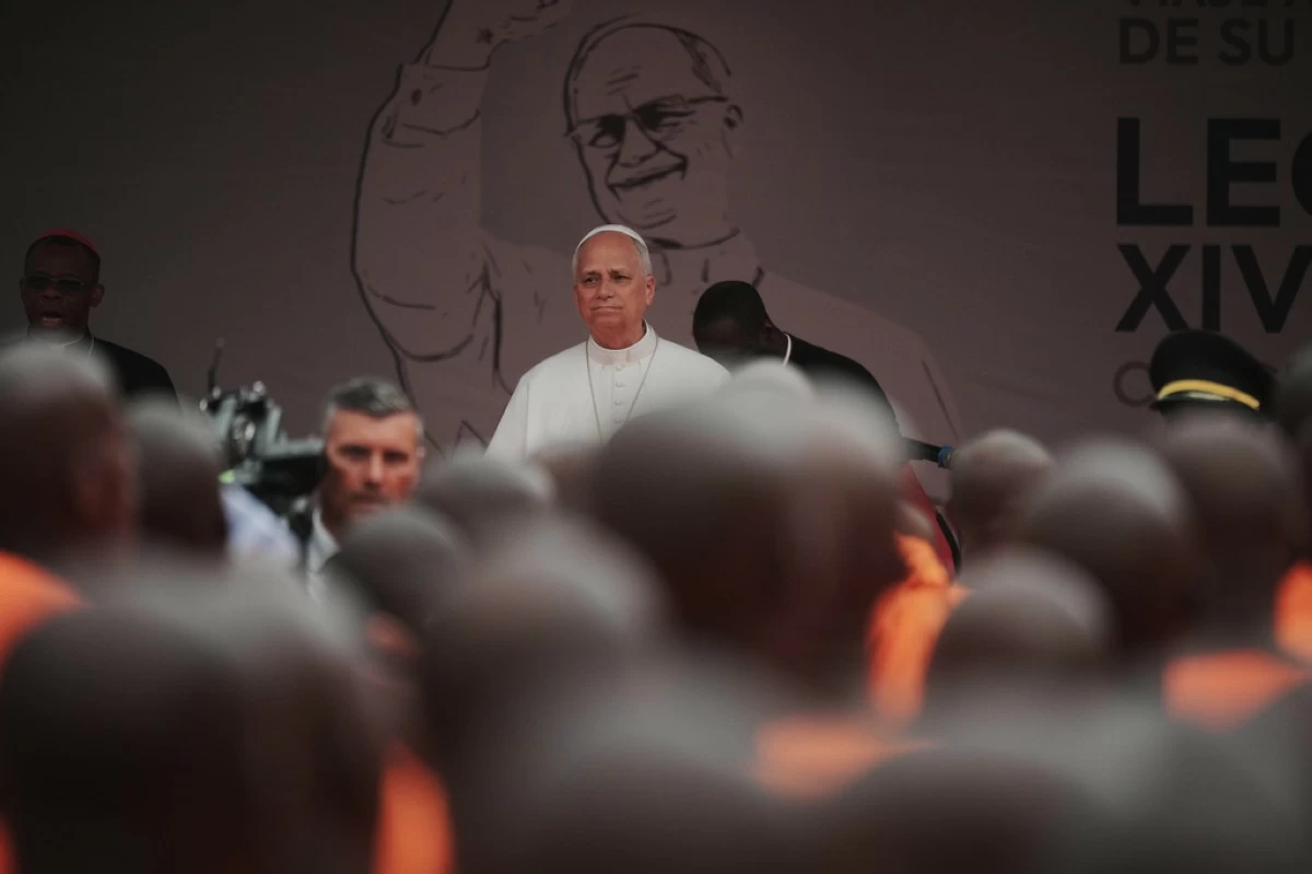 Pope Leo XIV visits the Bata Prison, Equatorial Guinea, Wednesday, April 22, 2026. (AP Photo/Andrew Medichini)