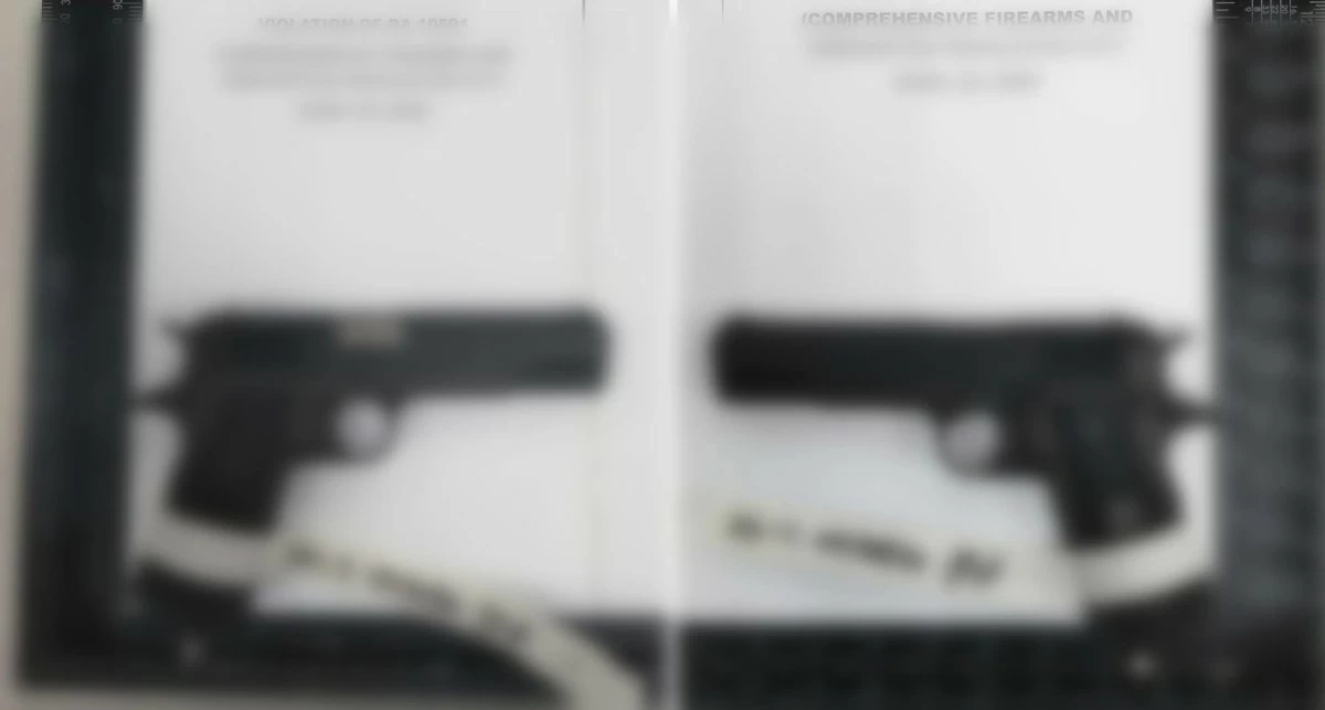 Two 9mm pistols allegedly without proper registration are presented by authorities following a condominium inspection in Barangay Lingunan, Valenzuela City on April 22, 2026, where security violations were uncovered. (Photo courtesy of VCPS)