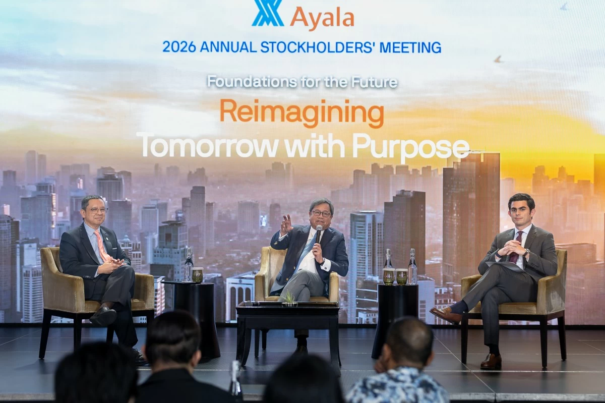 From left, Ayala Corp. Chief Financial Officer Juan Carlos Syquia, President and CEO Cezar Consing, and ACMobility CEO Jaime Alfonso Ayala address members of the press following the conglomerate’s annual stockholders’ meeting in Makati City. The Zobel-led firm signaled a more cautious investment strategy for 2026, citing geopolitical volatility in the Middle East.