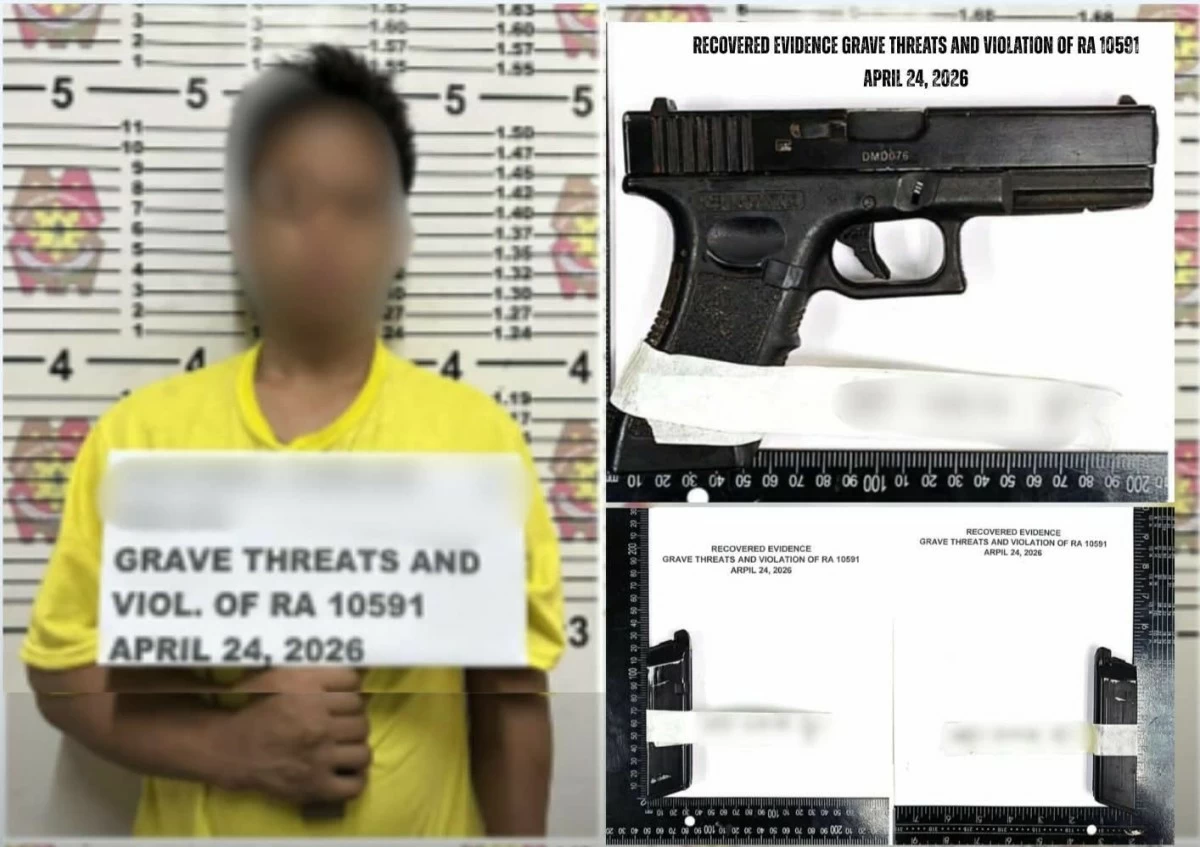 The suspect and the recovered caliber 9mm Glock replica with magazine during a lawful search following his arrest in Valenzuela City on April 24, 2026. (Photo courtesy of Northern Police District)