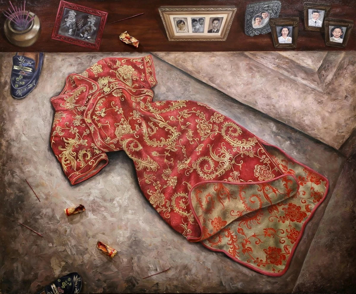 'EMBROIDERED THOUGHTS,' oil and mixed media on canvas, 60x72 inches, 2018