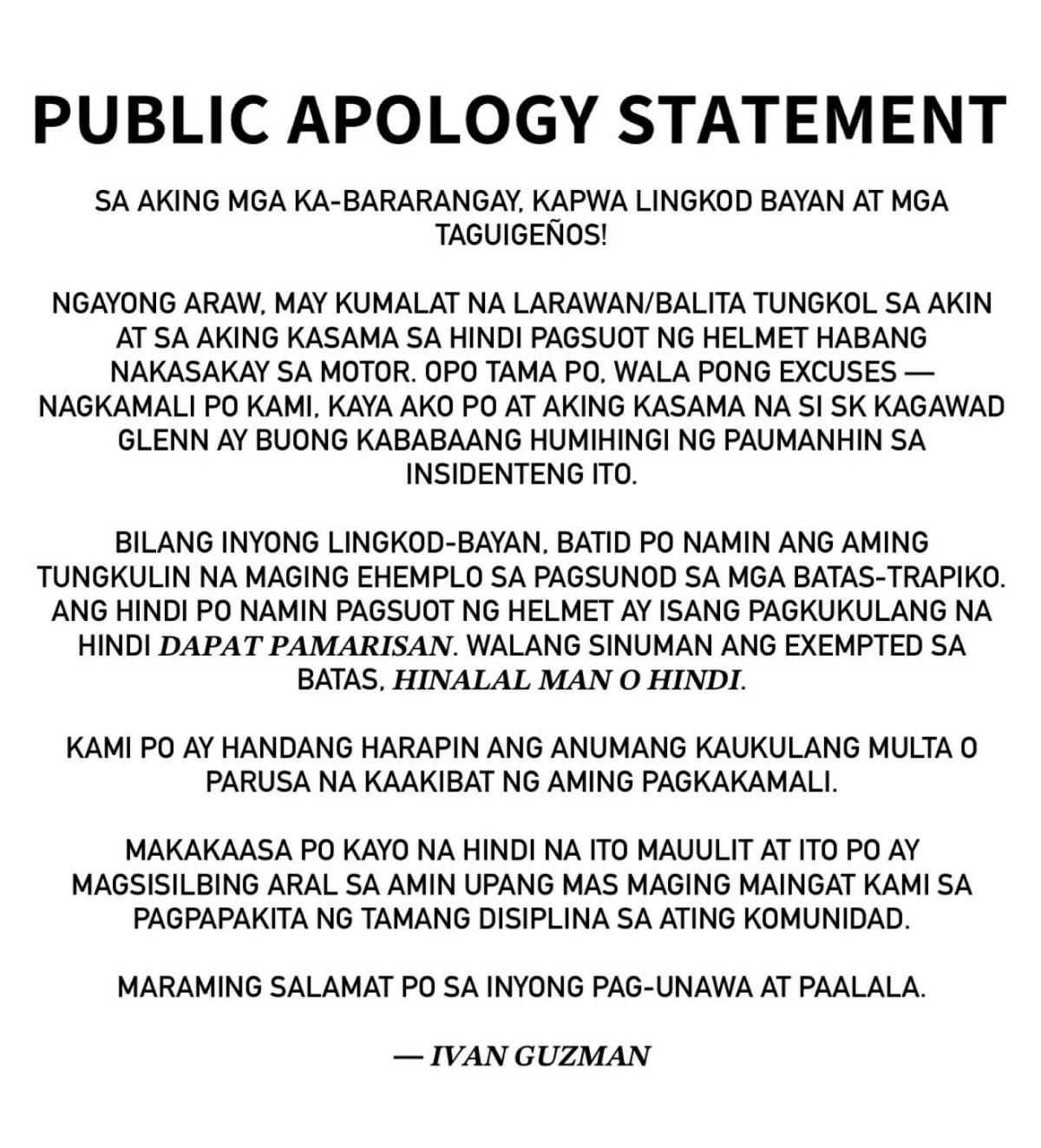The statement issued by SK Chairman Ivan Guzman of Barangay Upper Bicutan in Taguig (Photo from Ivan Guzman's Facebook account) 
