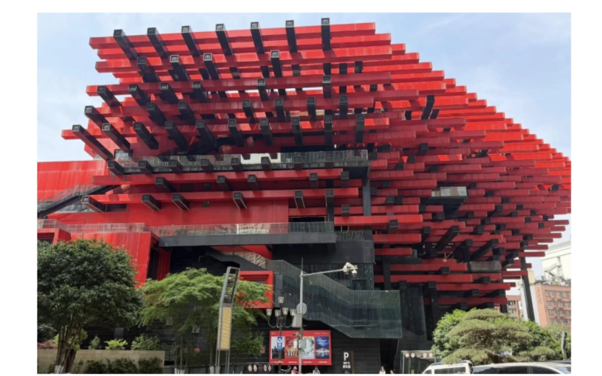 Known as the “Chopsticks Building,” the Chongqing Guotai Arts Center is distinguished by its bold red-and-black interlocking structure, evoking the image of oversized chopsticks. (Photo: Badette M. Cunanan/Manila Bulletin)