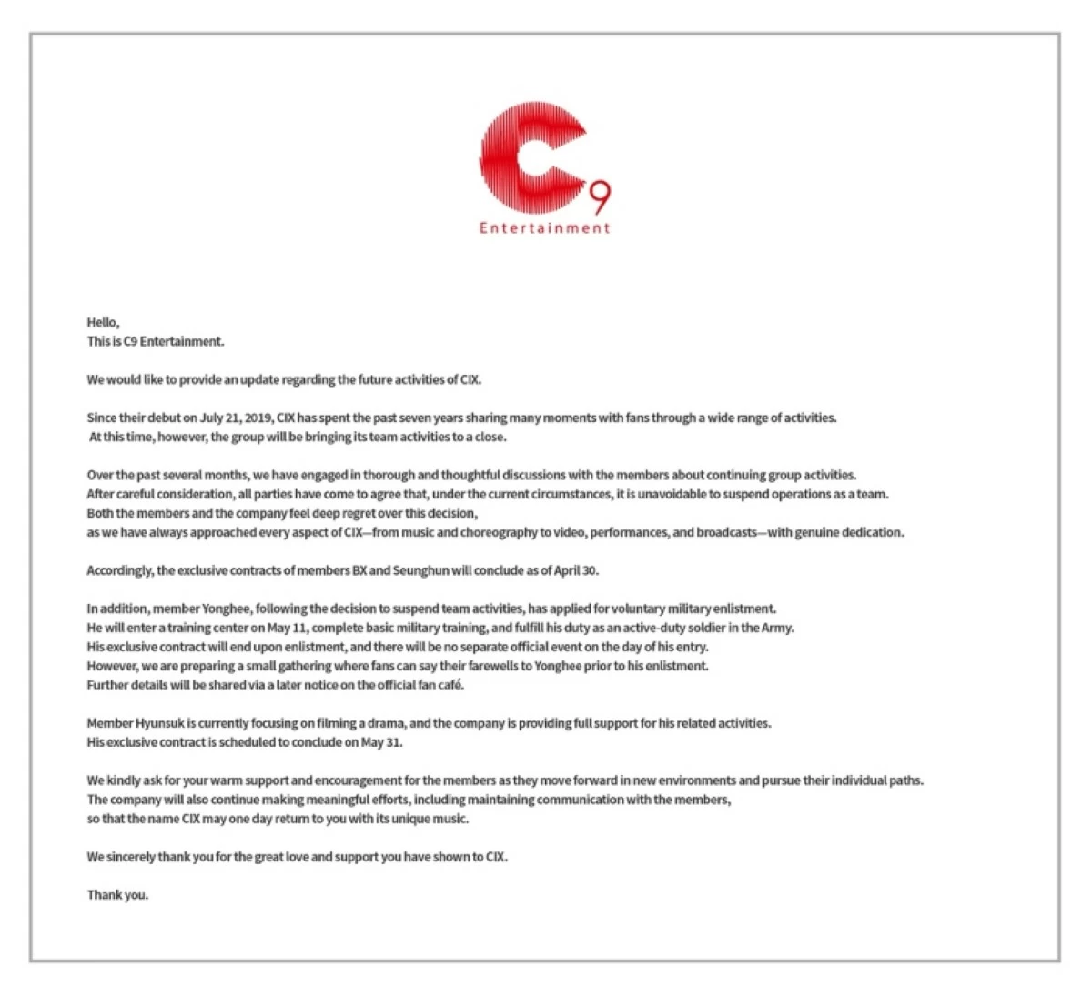 The notice about CIX issued by C9 Entertainment (C9 Entertainment) 