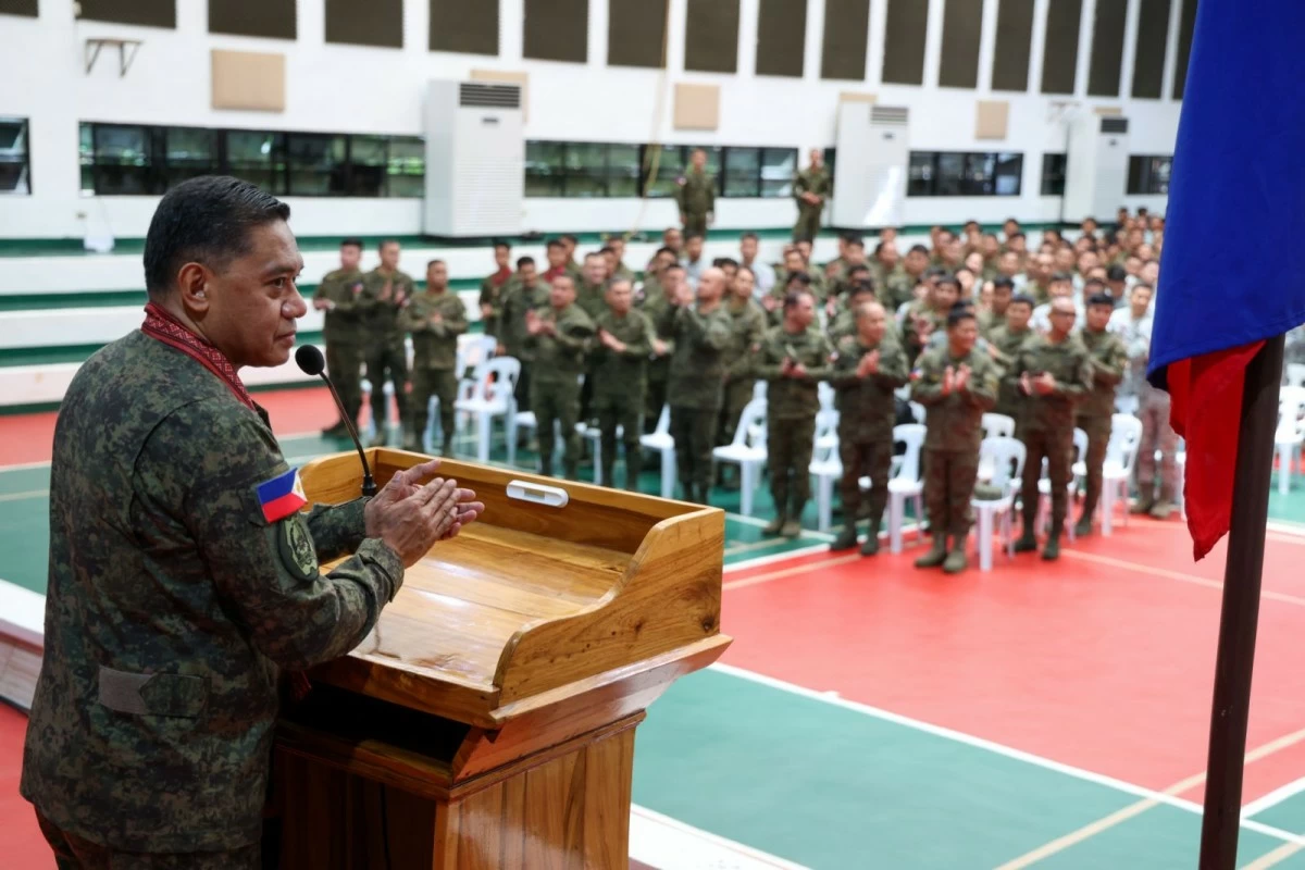 Armed Forces of the Philippines (AFP) Chief, General Romeo S. Brawner Jr. delivers his message before the troops during his visit to the headquarters of the 1st Infantry Division, Philippine Army at Camp Major Cesar L. Sang-an in Labangan, Zamboanga del Sur on April 28, 2026. (Photo: AFP)