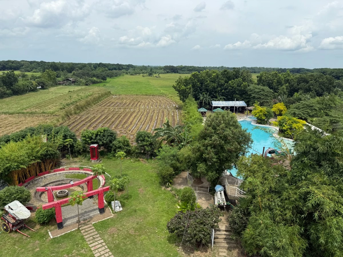FULL FARM VIEW — Aerial view of the farm highlighting the swimming pool, bonfire area, and rice fields. (St. Isidore the FARMer)