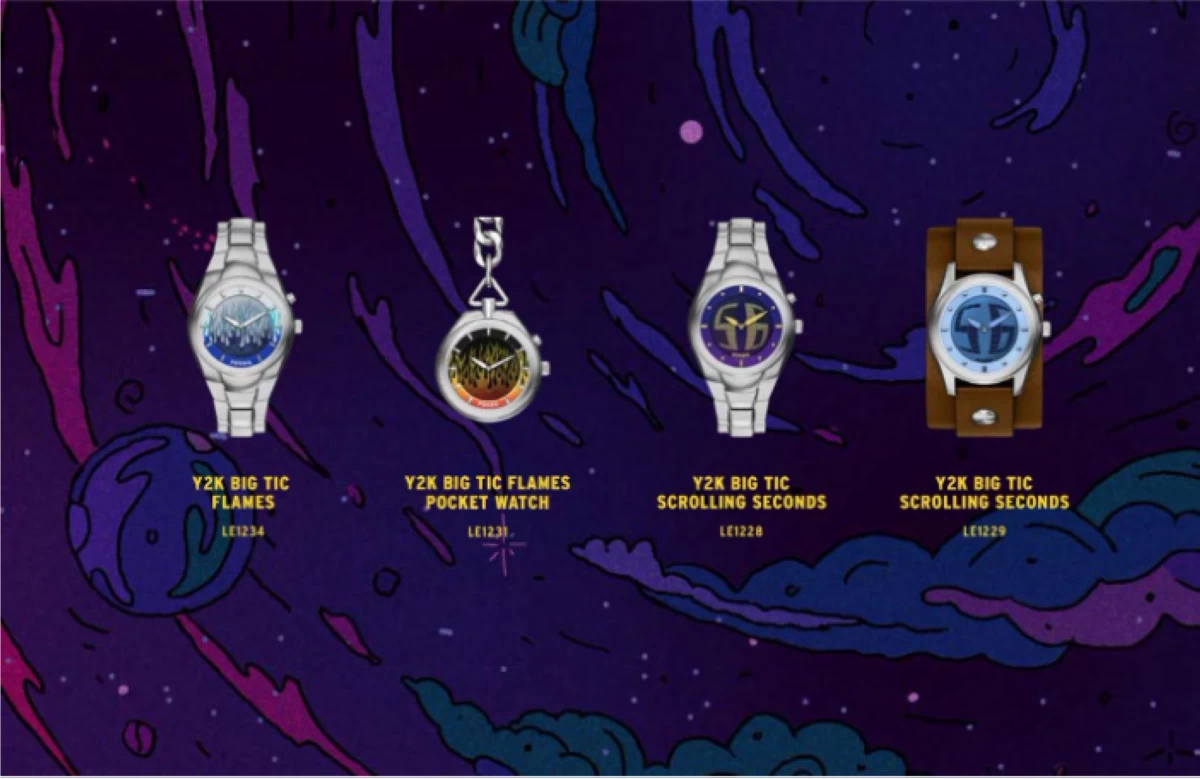 Fossil’s cool and contemporary Y2K Big Tic collection: the Big Tic Flames in a stainless steel bracelet and pocket watch style, and the Y2K Big Tic Scrolling Seconds in stainless steel or brown leather cuff strap.
