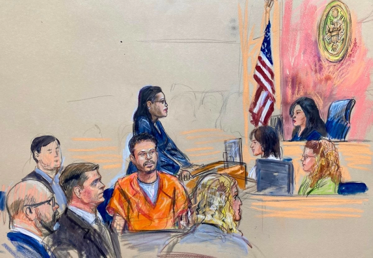 This courtroom sketch depicts Cole Tomas Allen, seated center, the California man arrested in the shooting incident at the correspondents dinner in Washington, seen appearing before U.S. Magistrate Moxila Upadhyaya, in federal court, Thursday, April 30, 2026 in Washington. (Dana Verkouteren via AP)
