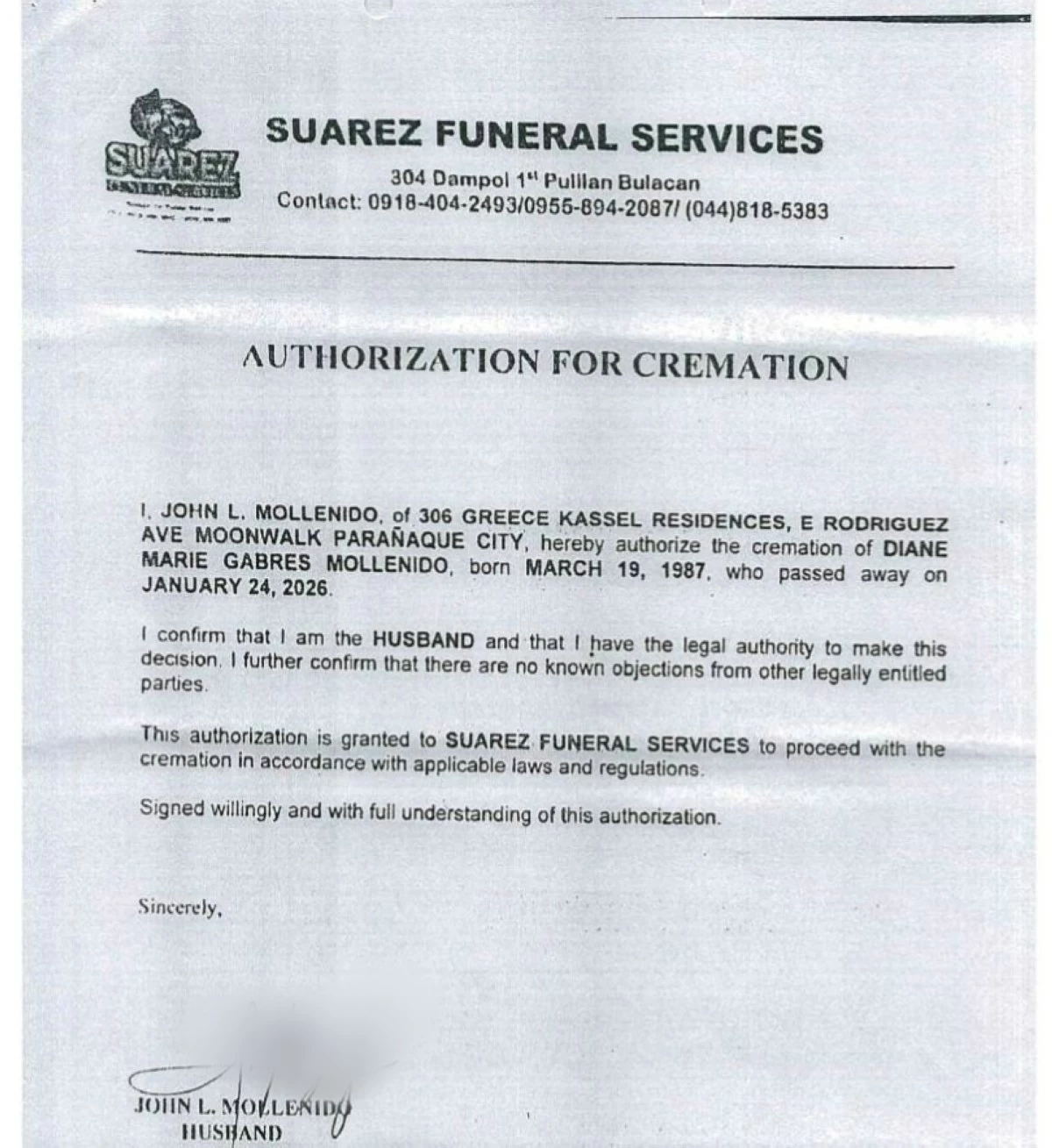 The authorization for cremation signed by Police Senior Master Sergeant John Mollenido (Photo from Atty. Rimando's Facebook account) 