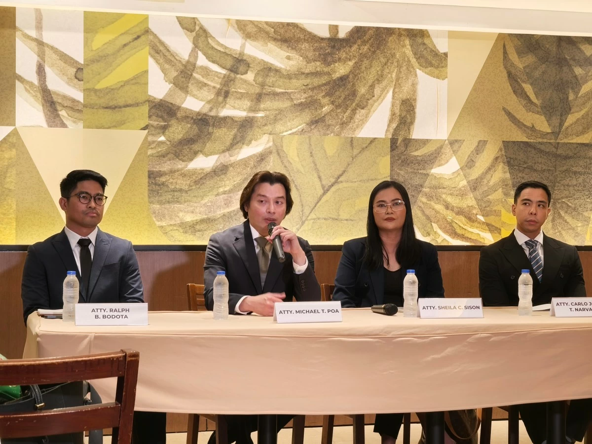 Vice President Sara Duterte’s legal team during a press conference on April 23, 2026. (Merlina Hernando-Malipot / Manila Bulletin)