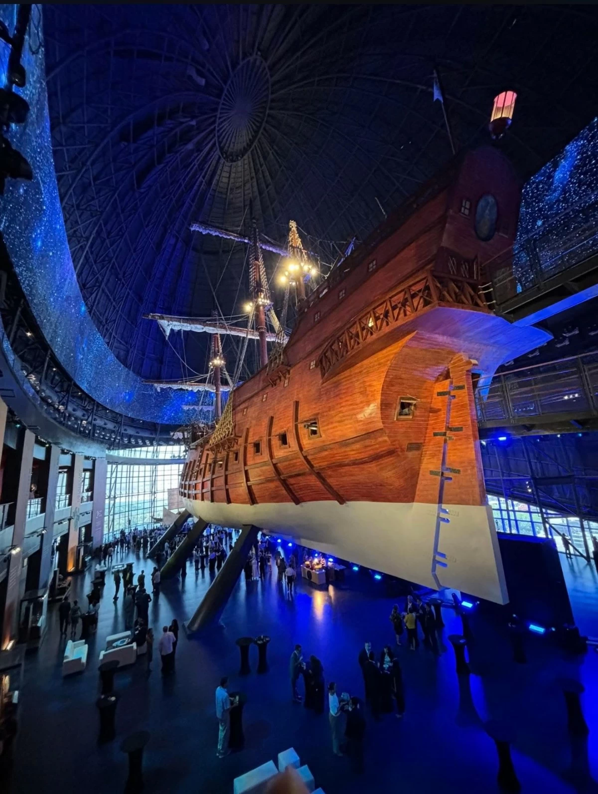 A view of the 60-meter Galeón Espíritu Santo replica; and note how it can be boarded from the upper floor.