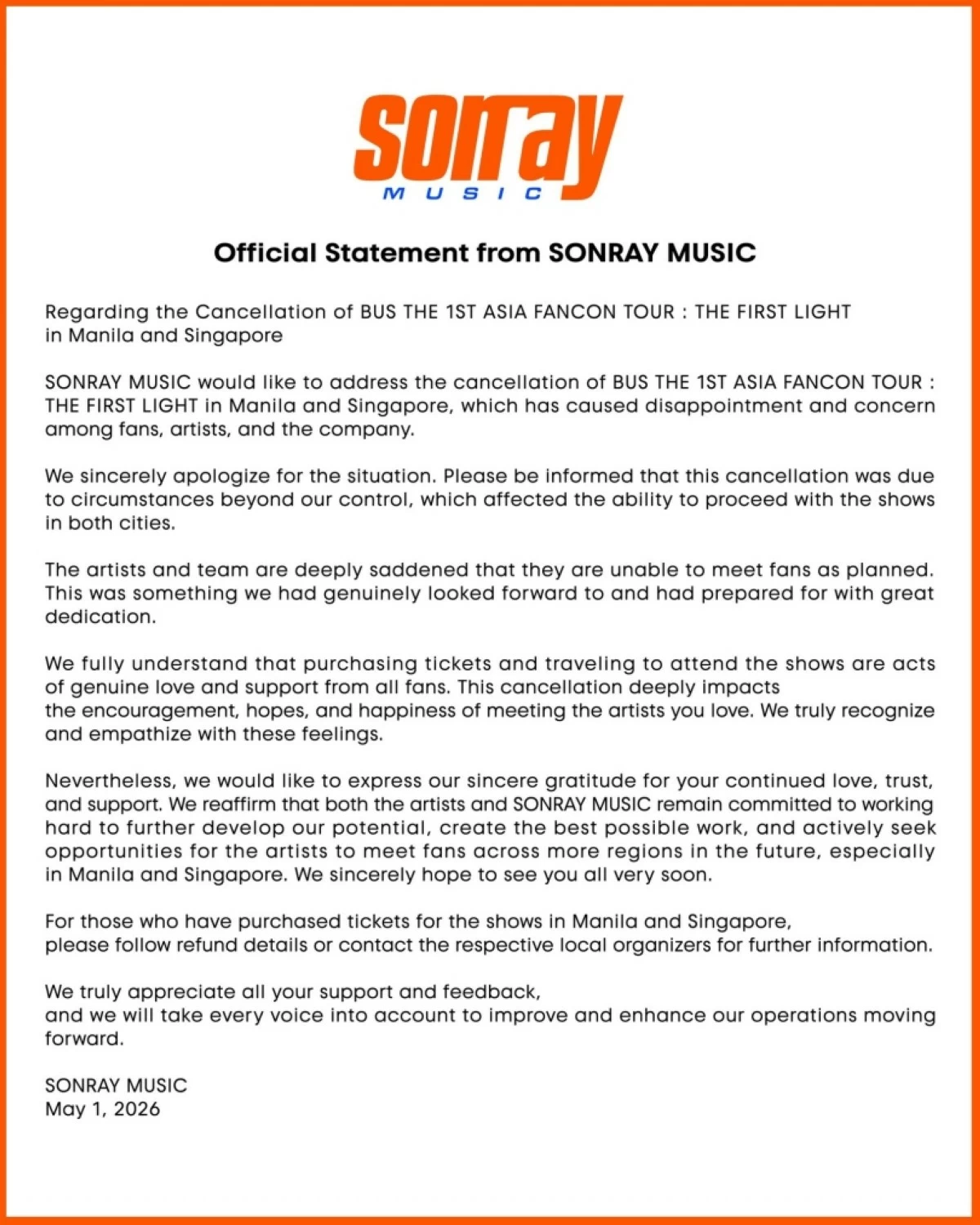 The statement of Sonray Music, the agency of Bus (X) 