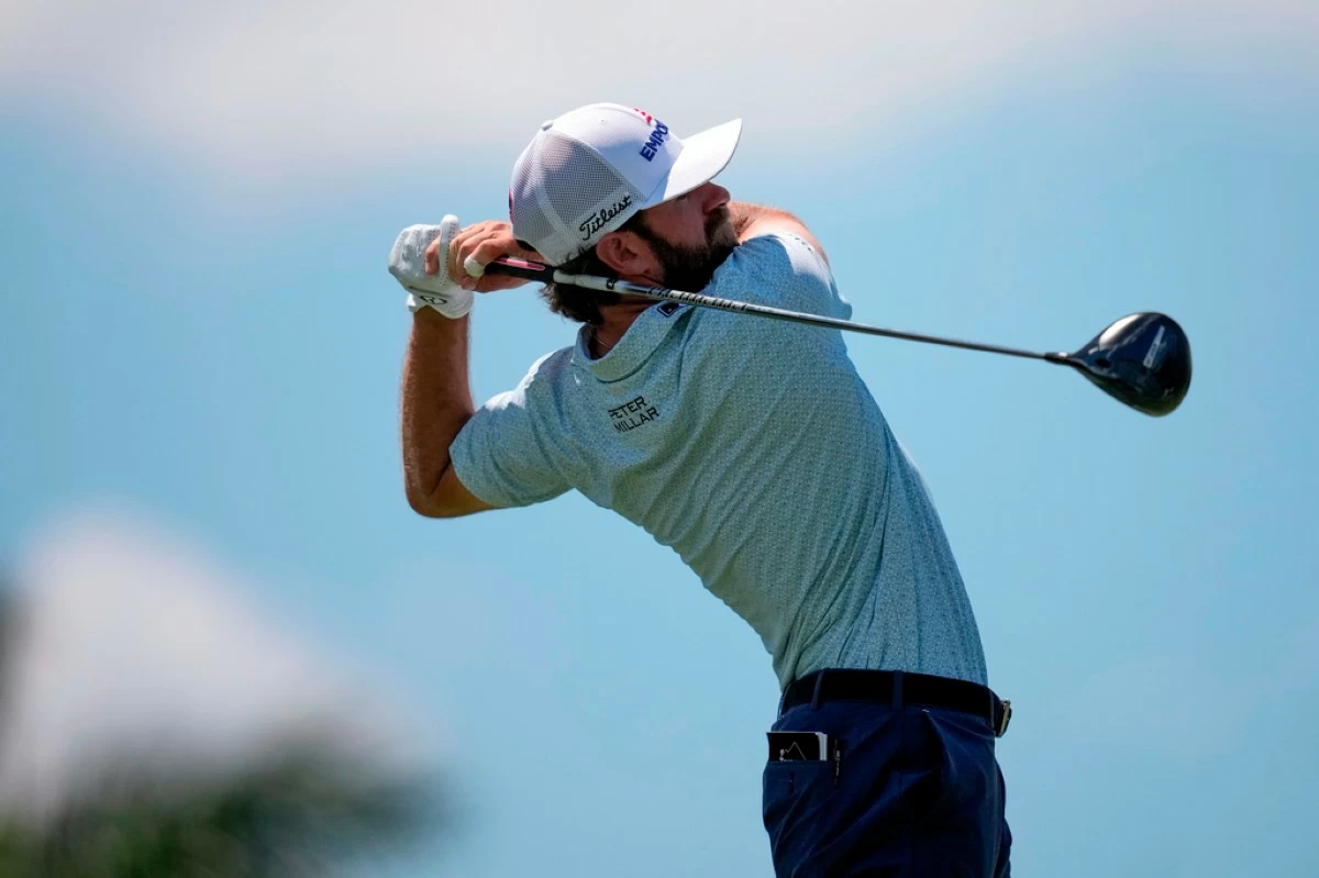 Cameron Young hits from the fifth tee during the third round of the Cadillac Championship PGA golf tournament Saturday, May 2, 2026, in Doral, Fla. (AP Photo/David J. Phillip)