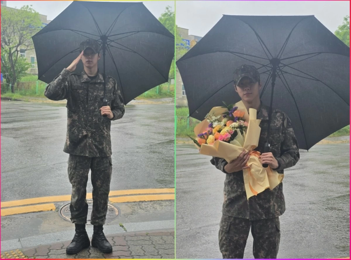 Kim Woo-seok upon his discharge from the military on May 3 (X) 